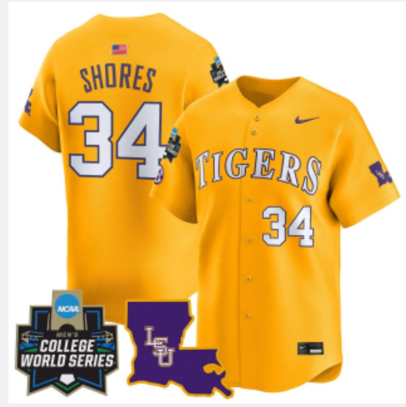 Men 2025 LSU Tigers #34 Shores Yellow Nike Joint Name Nike NCAA Jersey style 8